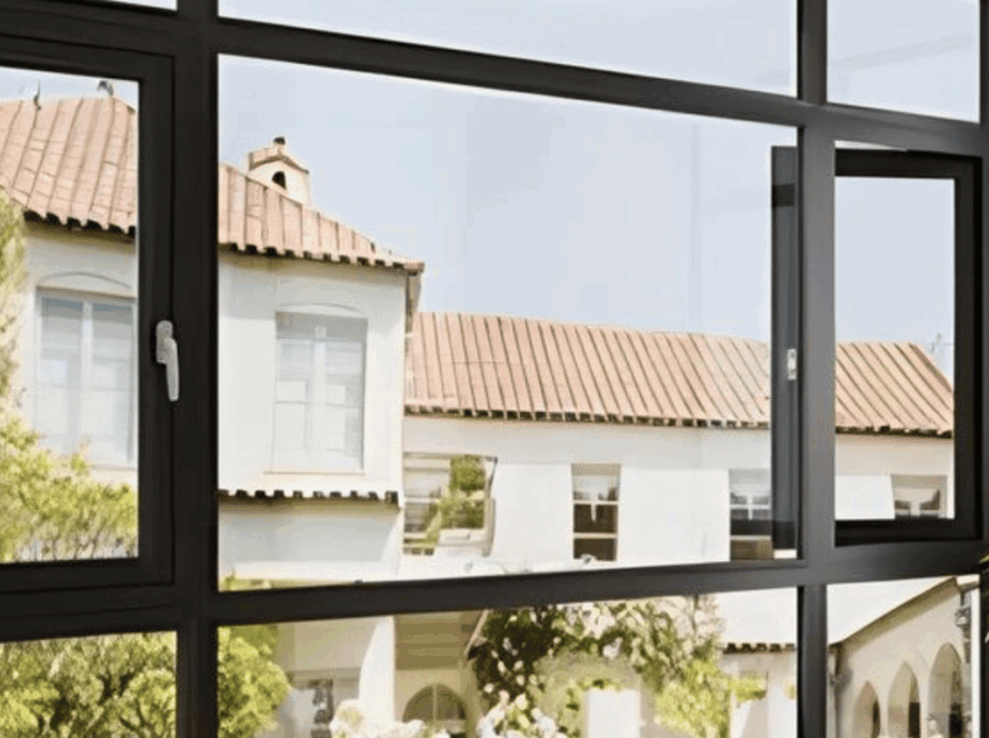 Modern black-frame aluminum swinging windows partially open, showing a Mediterranean-style house with terracotta roof tiles in the reflection