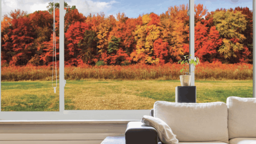 Three lite casement window with wide outdoor view and modern white frame in living room