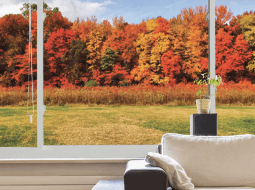 Three lite casement window with wide outdoor view and modern white frame in living room