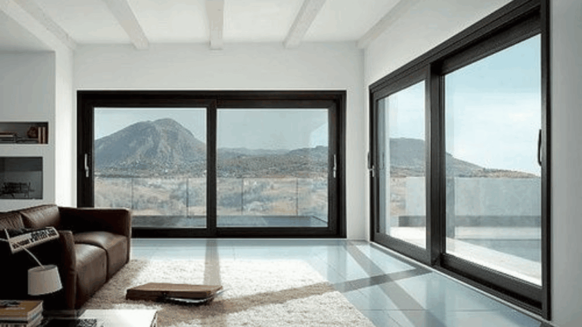 Spacious modern living room featuring large aluminum casement windows with stunning mountain views