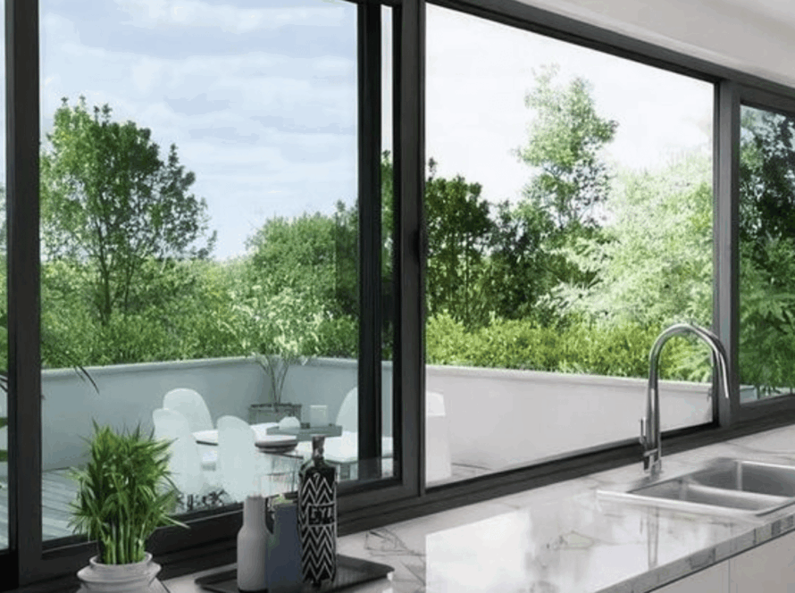 Modern kitchen featuring double pane sliding windows with a lush outdoor view