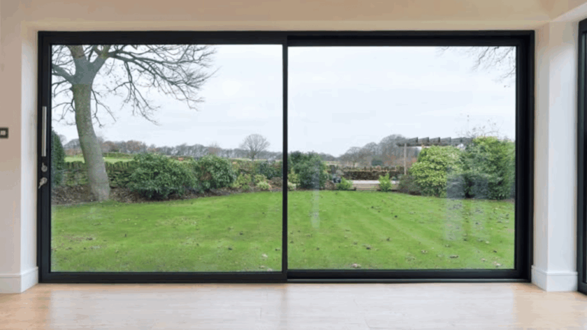 Double slider window showcasing a clear garden view from a contemporary living room