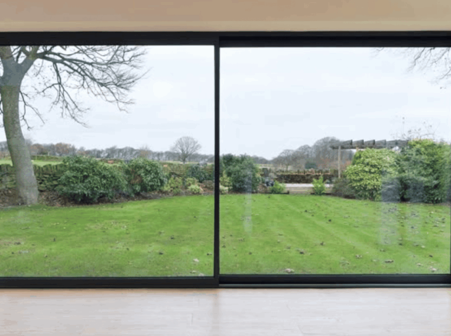 Double slider window showcasing a clear garden view from a contemporary living room
