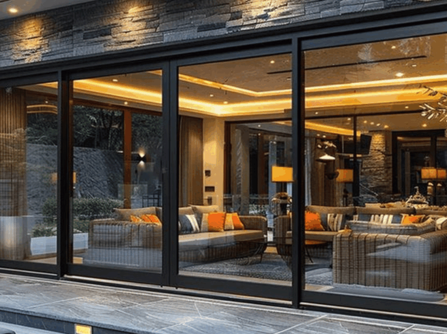 Modern sliding window in elegant home with custom-sized glass panels and panoramic outdoor view