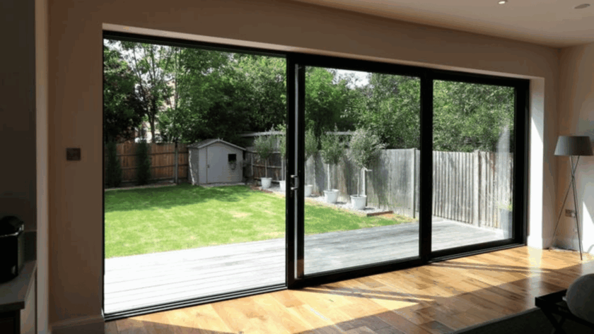 Three-panel sliding window revealing a green backyard and wooden deck