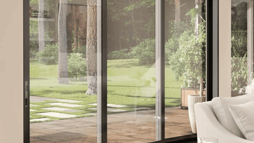 Triple pane sliding window with black frame overlooking a green garden and stone patio