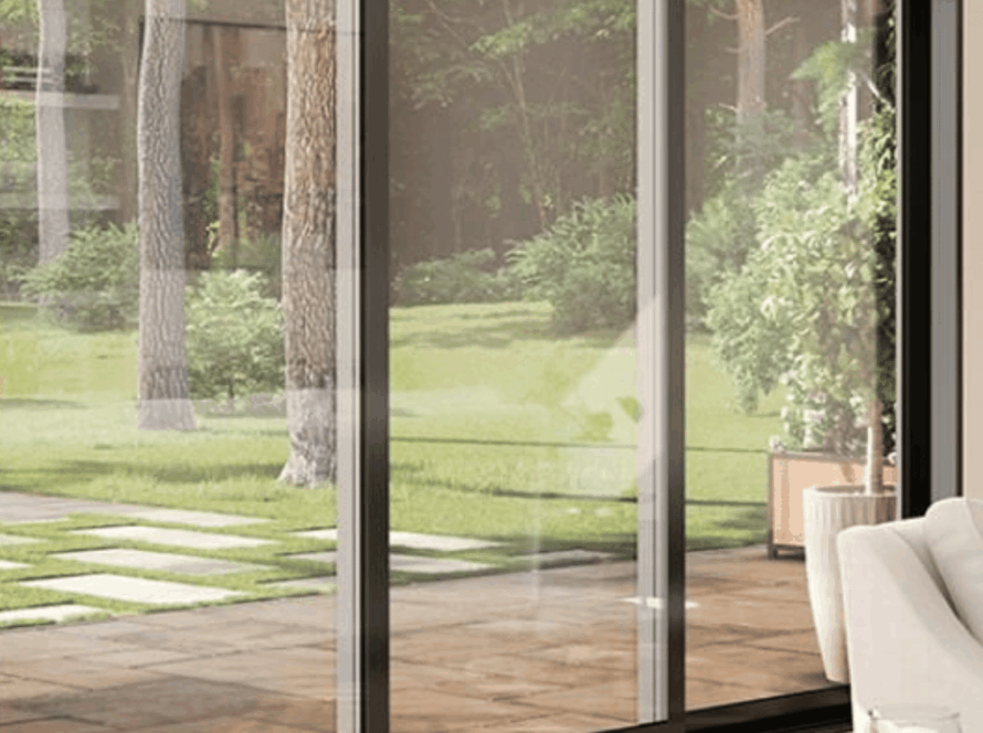 Triple pane sliding window with black frame overlooking a green garden and stone patio