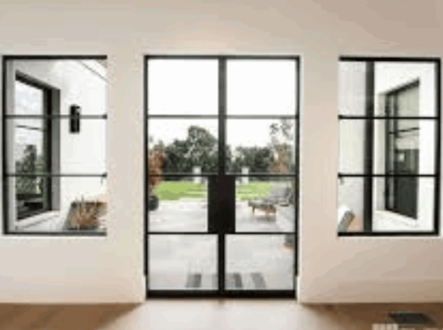 Modern black metal casement window replacement overlooking a garden patio