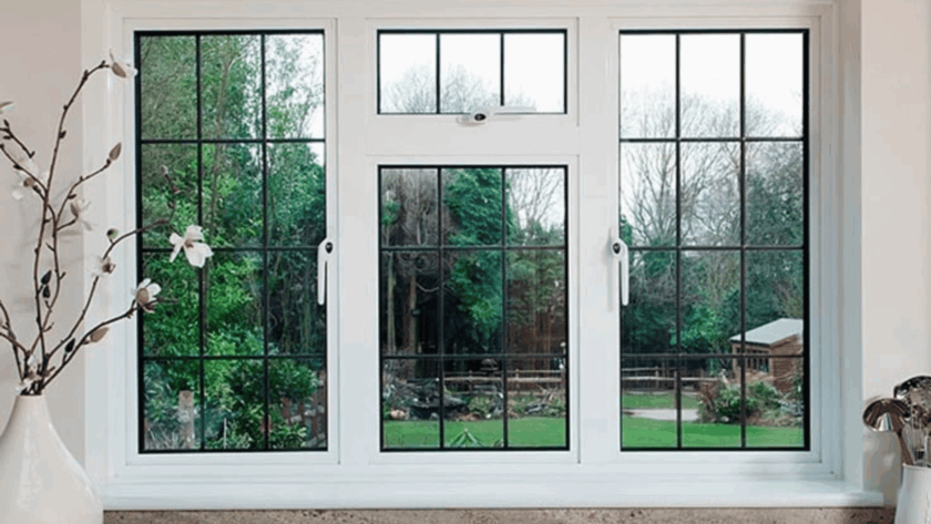 White interior casement windows overlooking a lush backyard garden