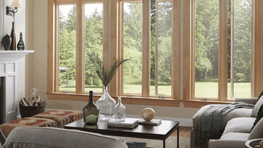 Wood-framed casement windows overlooking a serene green backyard from an elegant living room