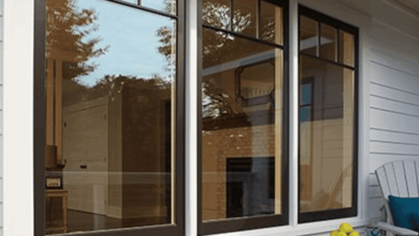 Modern colored casement windows in anthracite grey installed in a cozy suburban home