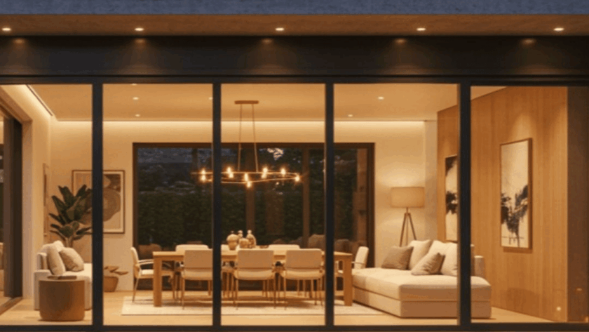 Modern sliding windows showcasing elegant home interior and exterior lighting
