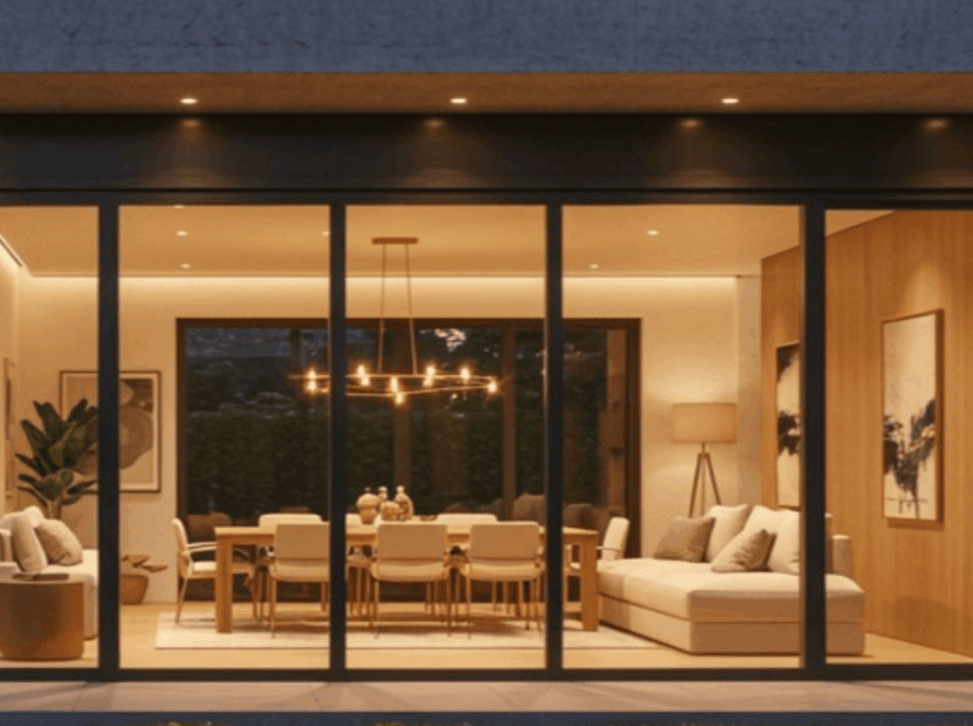 Modern sliding windows showcasing elegant home interior and exterior lighting