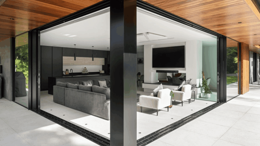 Spacious living area featuring modern powder coated sliding windows opening to an outdoor patio