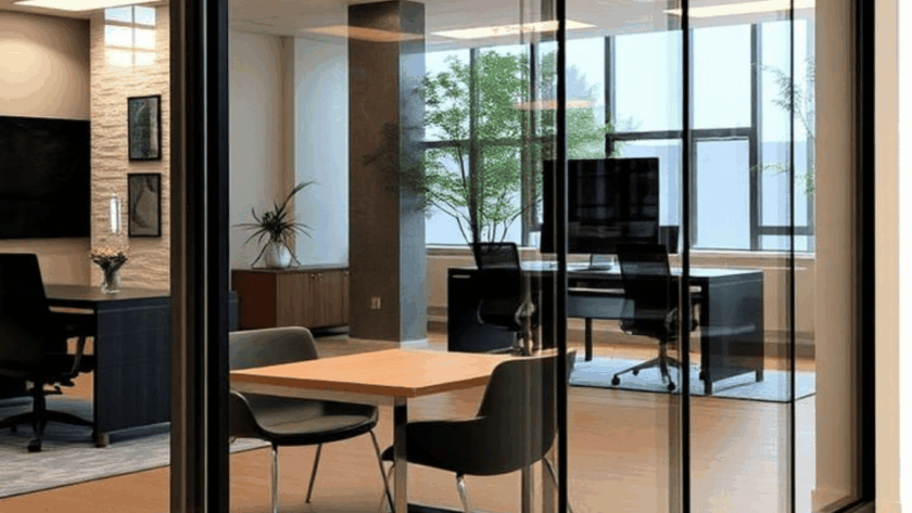 Modern office interior featuring Eco Hearth sliding glass windows