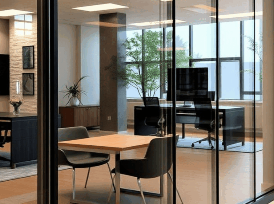 Modern office interior featuring Eco Hearth sliding glass windows