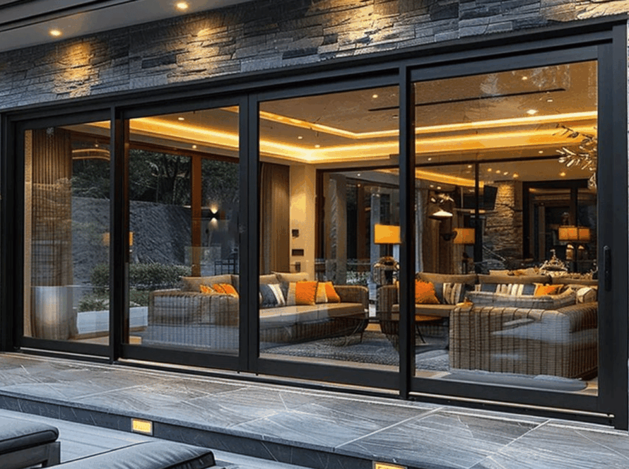 Elegant sliding porch windows showcasing modern European-style design and luxurious living space