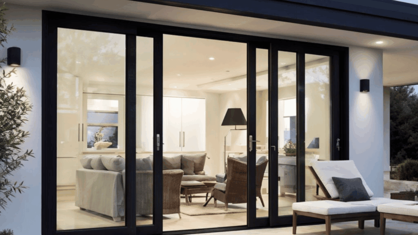 Stylish living room with aluminium horizontal sliding windows leading onto a patio
