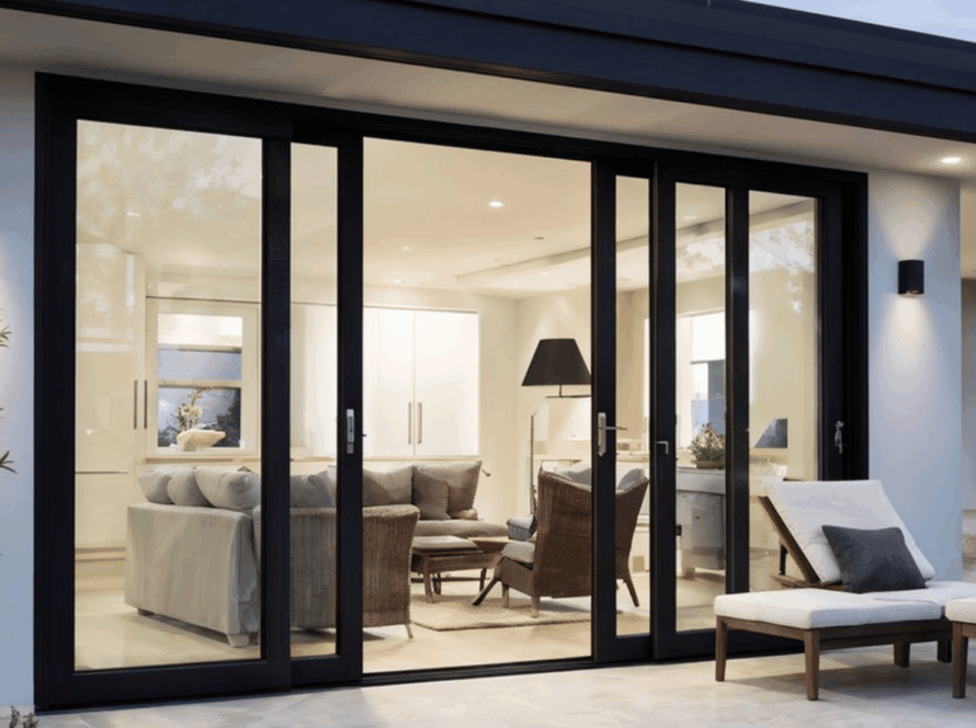 Stylish living room with aluminium horizontal sliding windows leading onto a patio