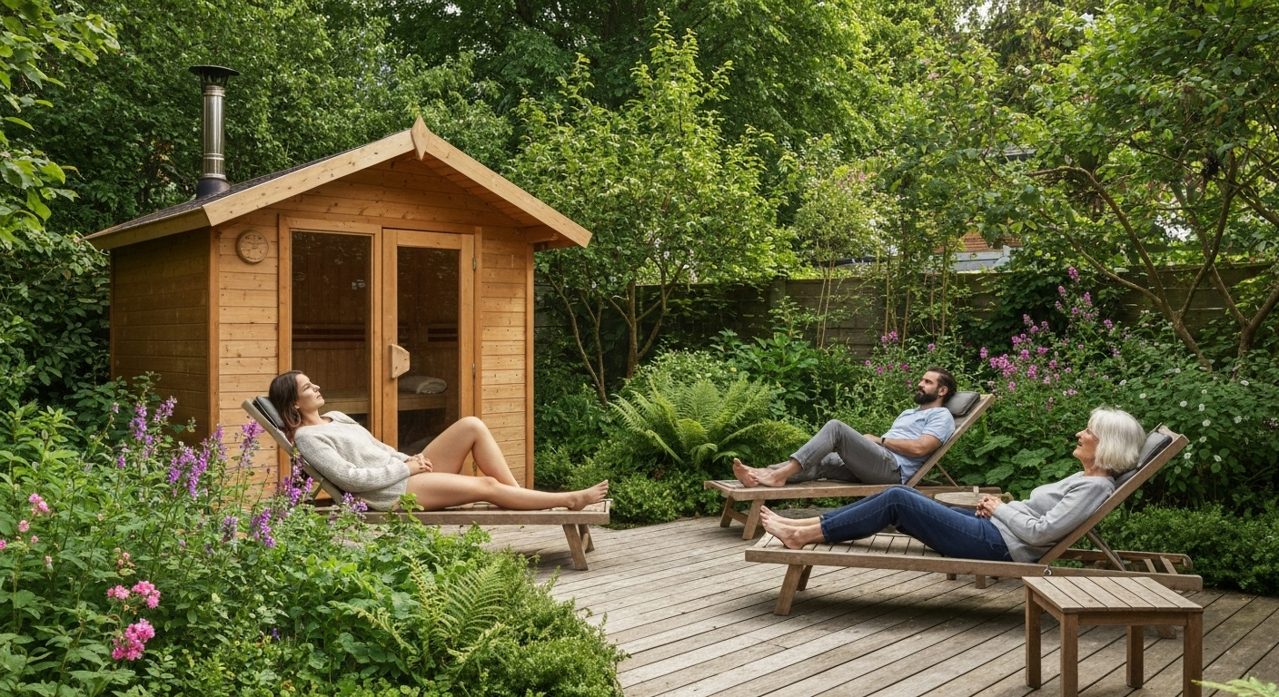 Small garden sauna in lush backyard