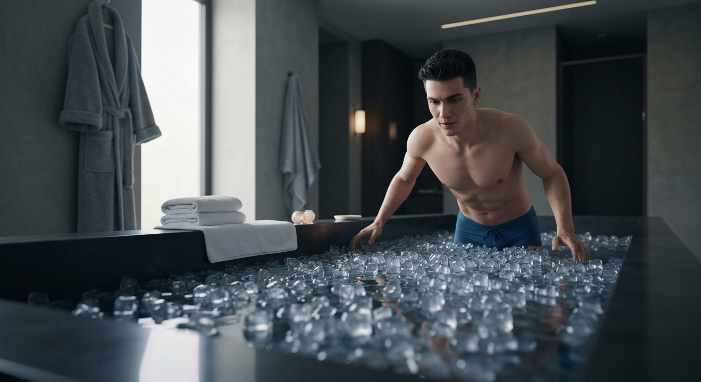 Person entering cold ice bath indoors.