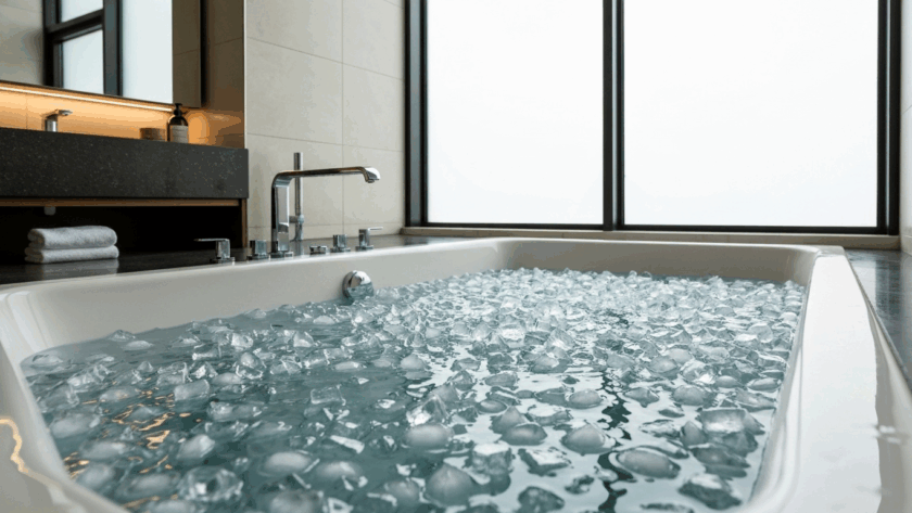 Bathtub with ice cubes in bathroom