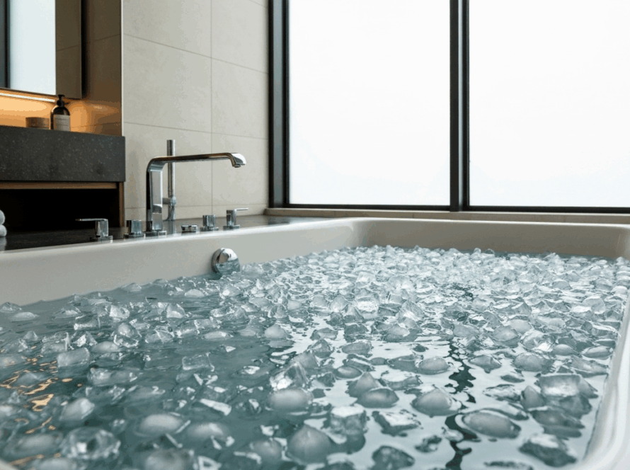 Bathtub with ice cubes in bathroom