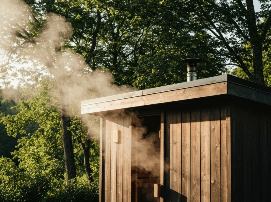 Outdoor sauna in backyard