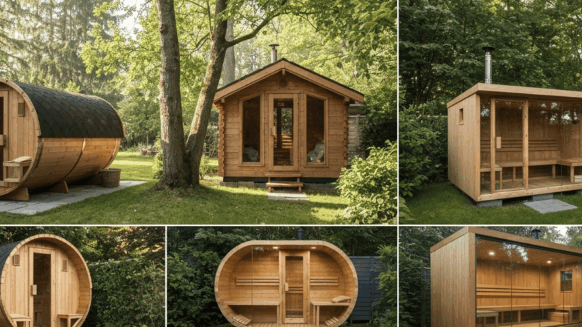 Outdoor saunas in backyard setting