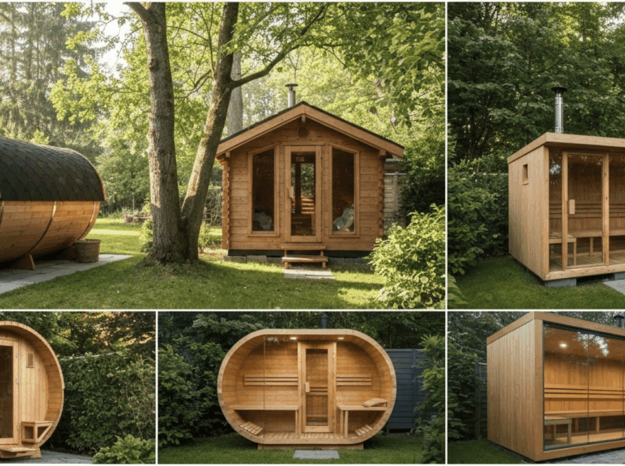 Outdoor saunas in backyard setting