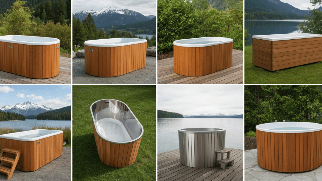 Collage of cold plunge tubs outdoors.