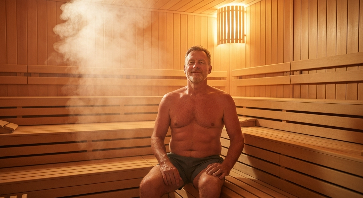 Sauna room with relaxed person
