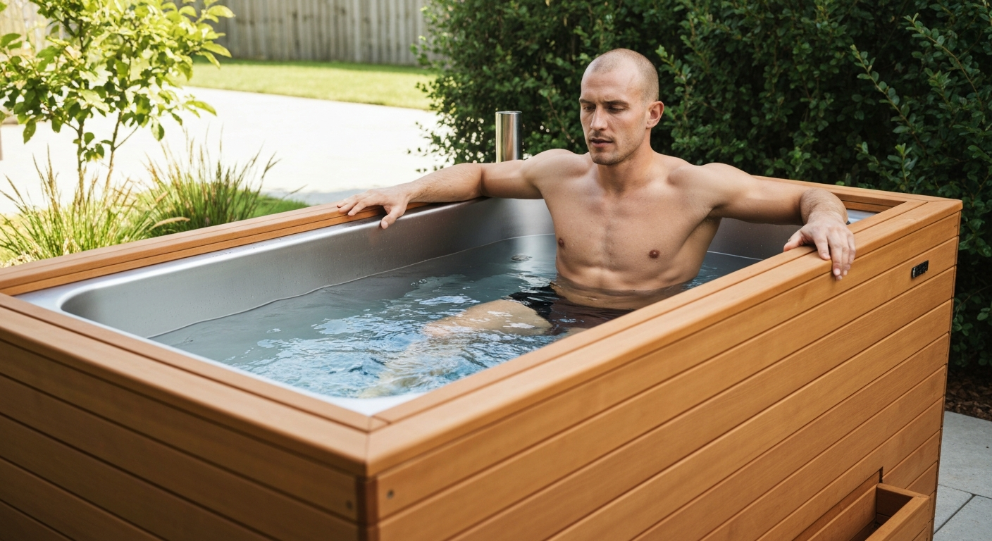Athlete using outdoor cold plunge tub