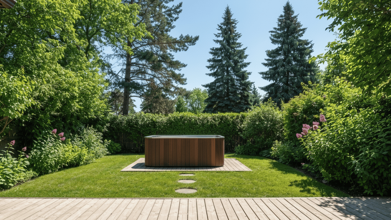 A lush summer garden with a modern thermowood ice bath featuring a stainless steel interior, surrounded by green foliage, trees, and a wooden deck.