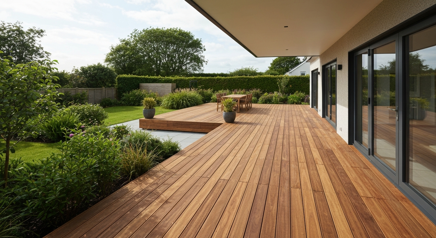 Thermowood decking in modern garden.