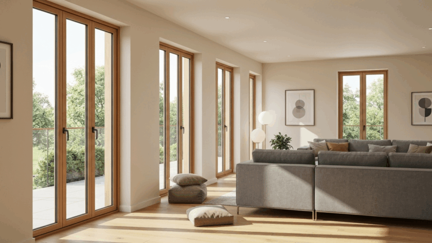 Modern living room with wood finish windows