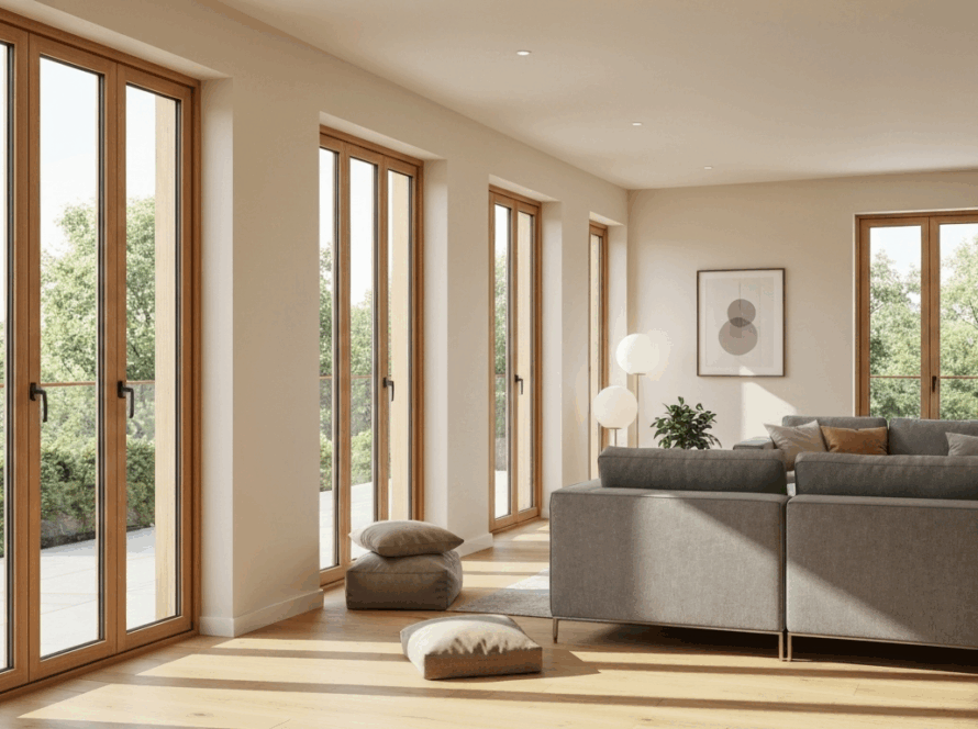 Modern living room with wood finish windows