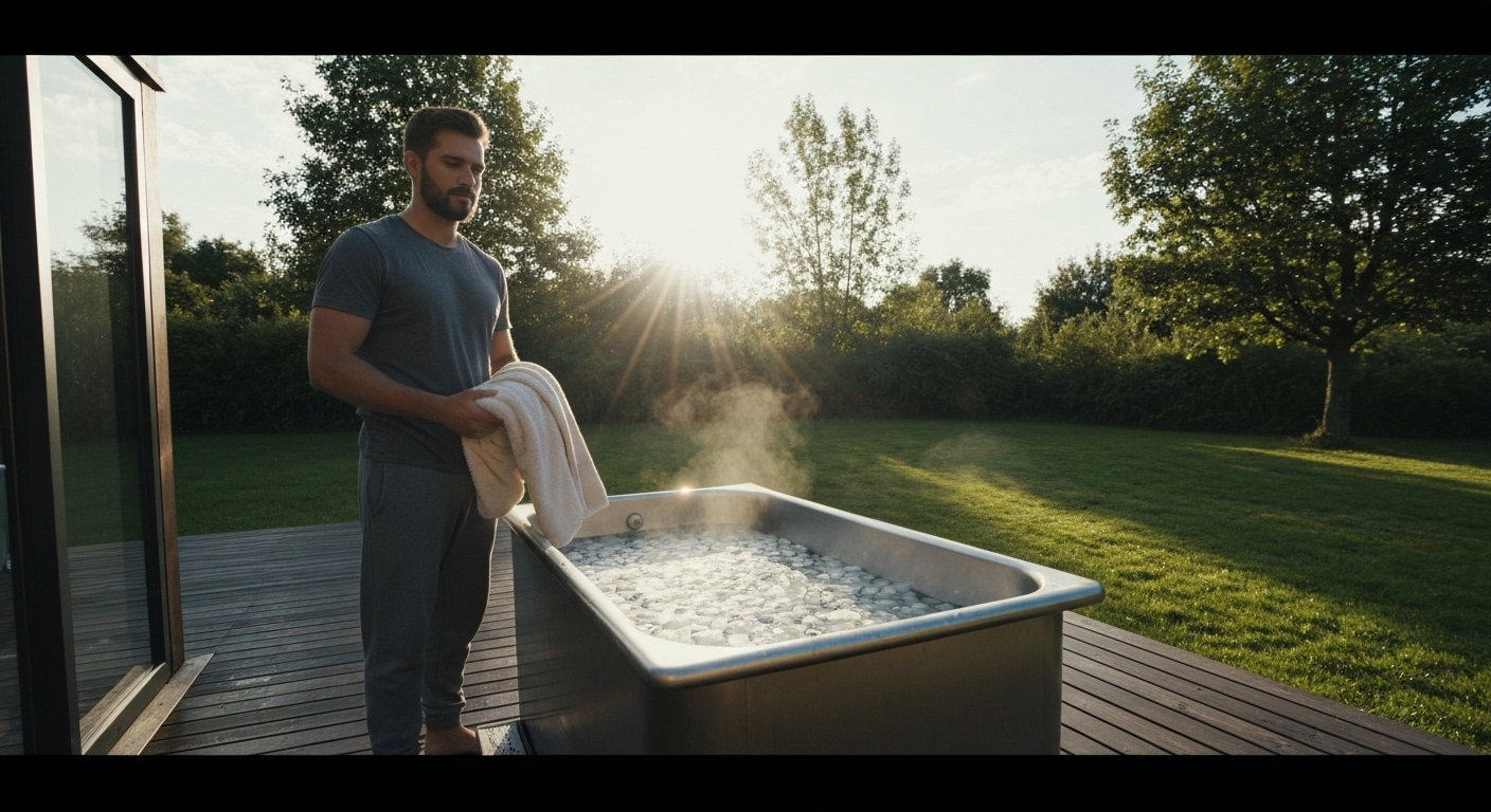 Morning cold plunge preparation outdoor
