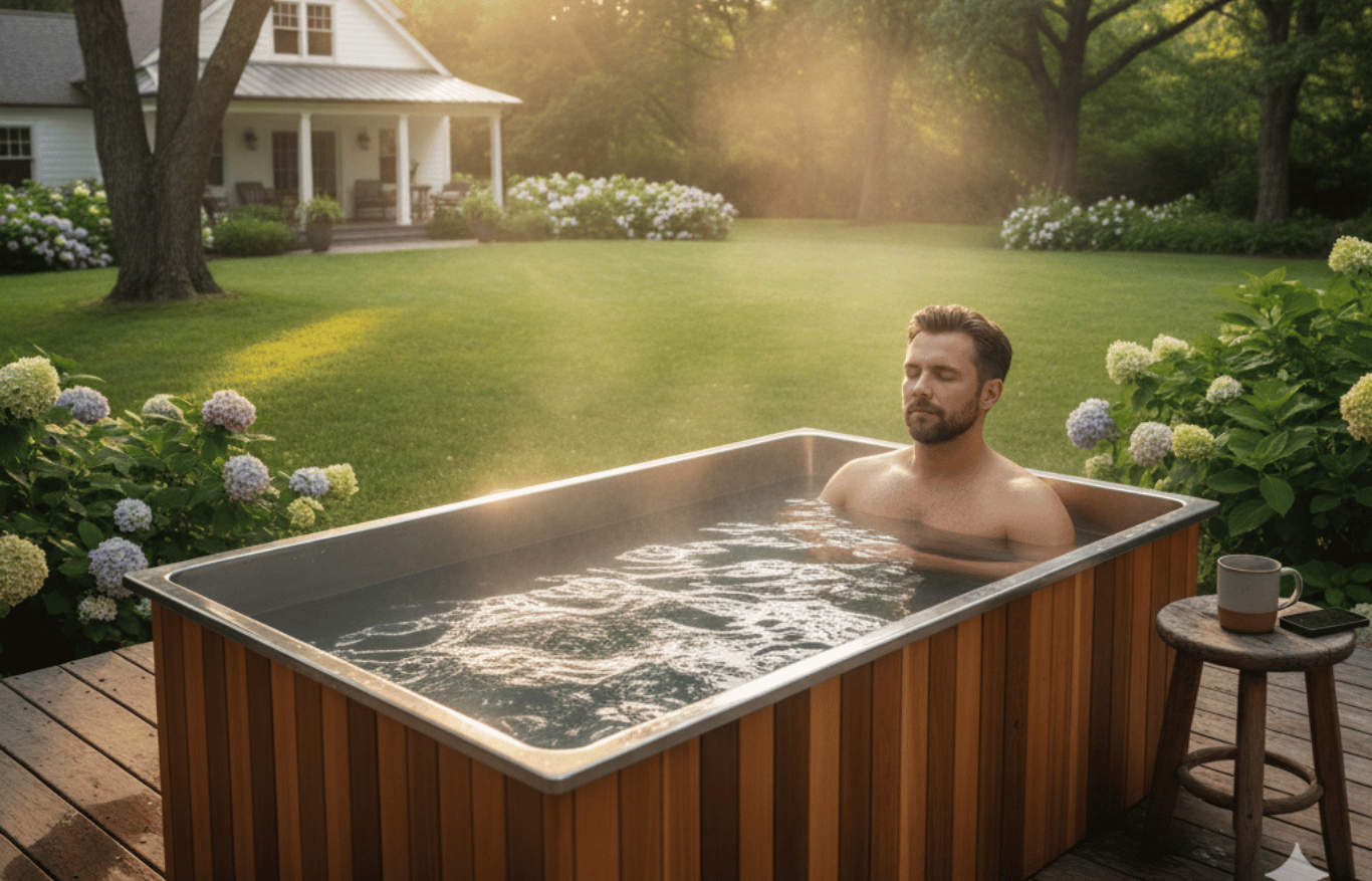 Man relaxing in an outdoor ice bath tub on a garden deck at sunrise