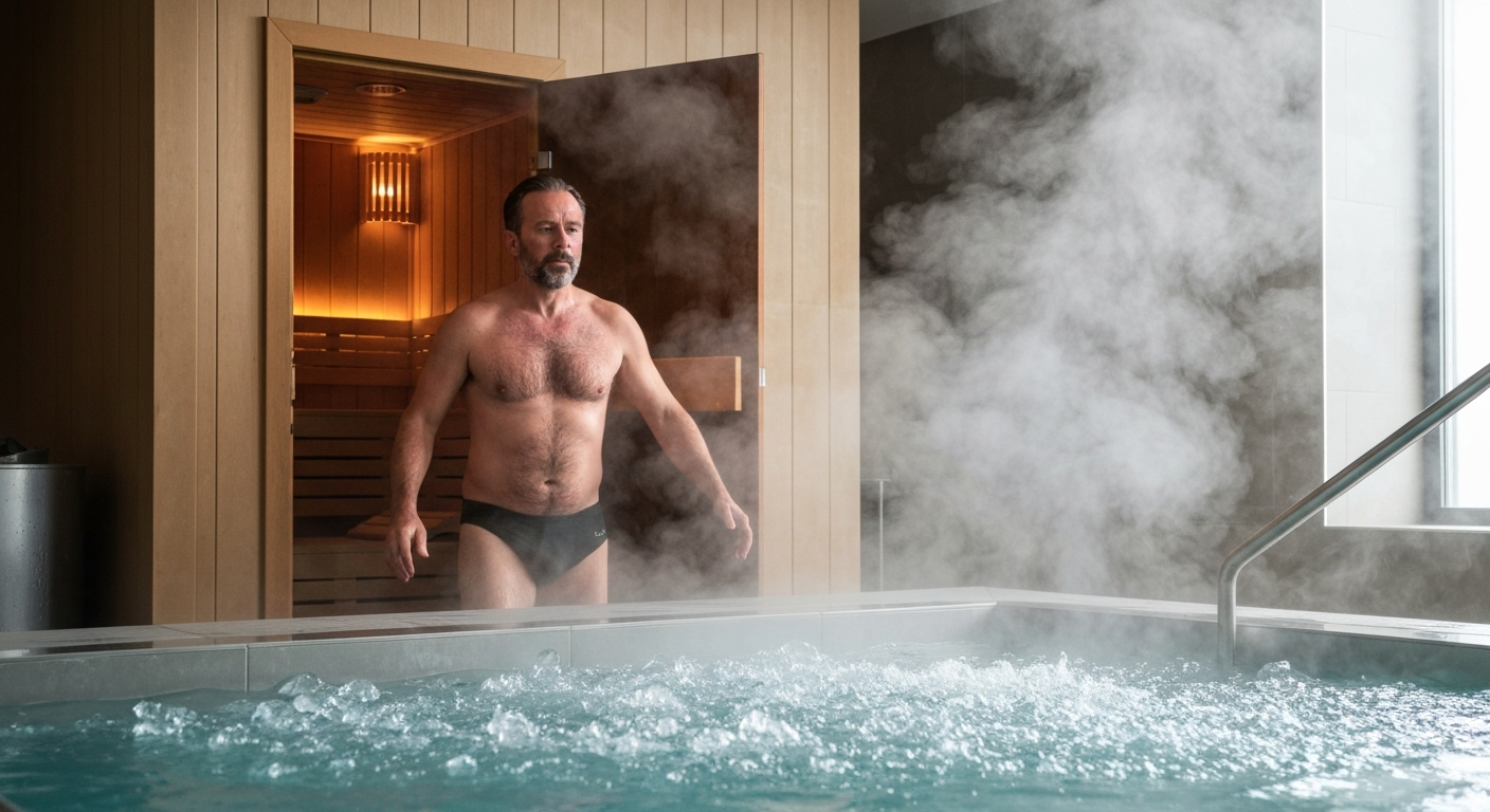 Person transitions from sauna to ice bath