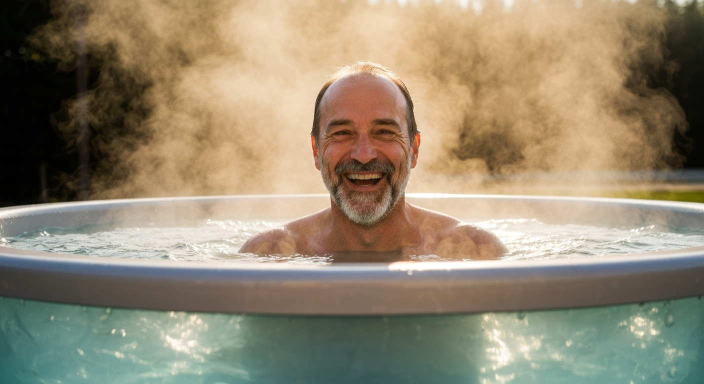 Smiling person exiting icy water tub