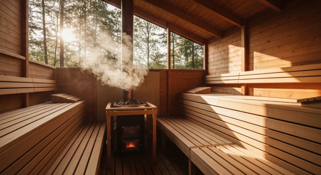 outdoor sauna with wood stove