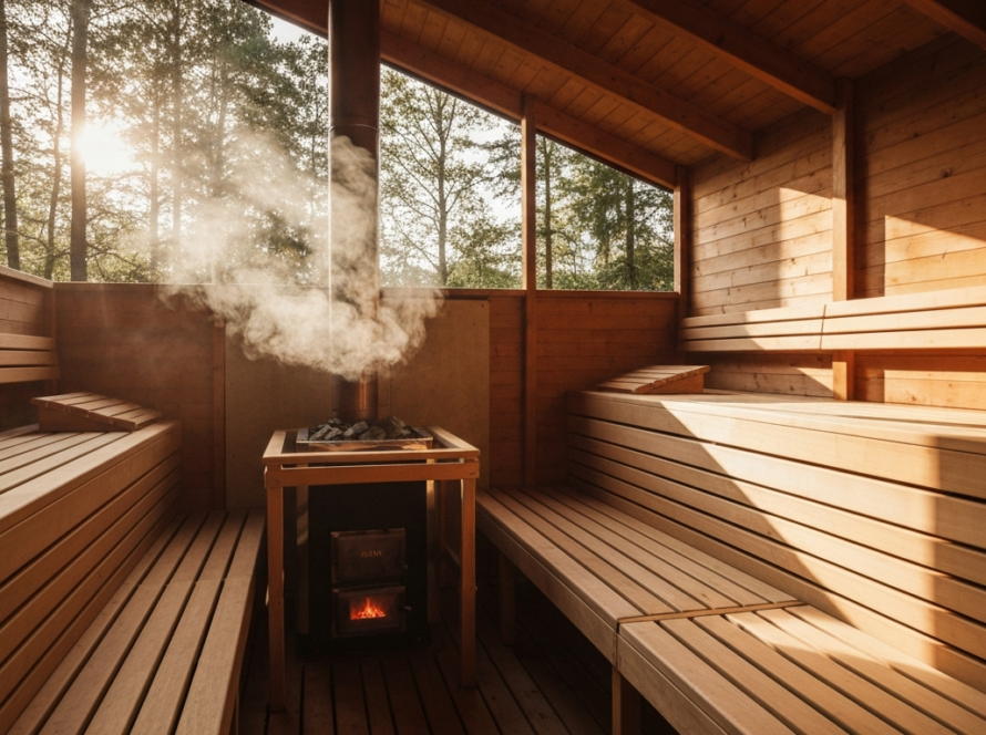 outdoor sauna with wood stove