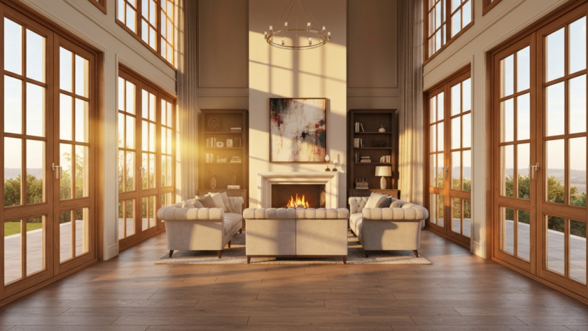 Living room with wood aluminum windows