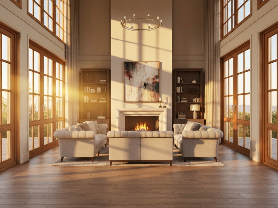 Living room with wood aluminum windows