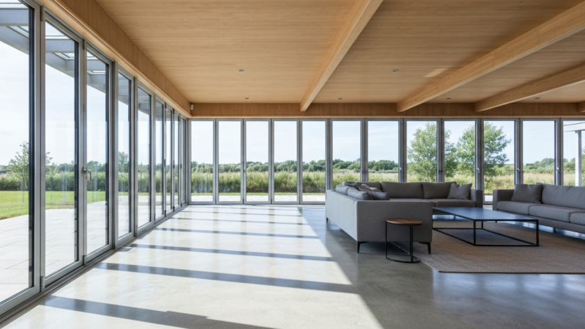 Living room with large aluminum windows