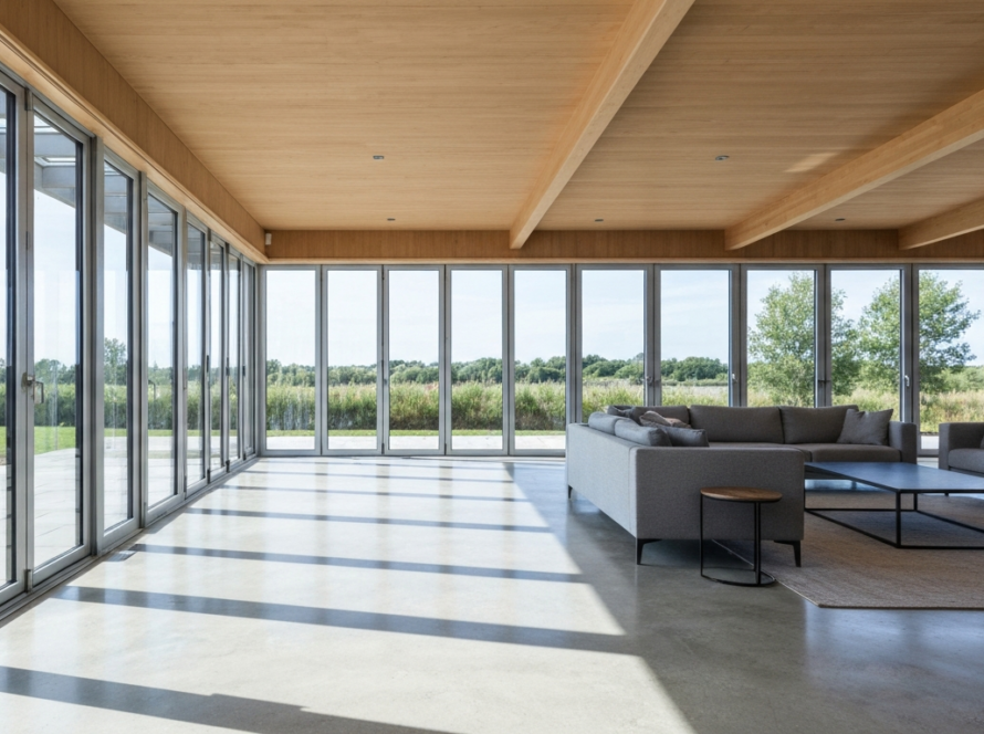 Living room with large aluminum windows