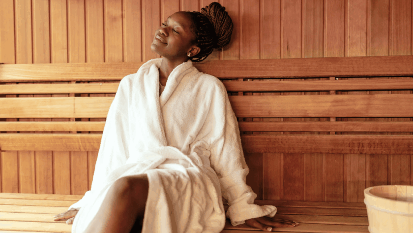 Woman relaxing in a wooden sauna wearing a bathrobe, enjoying heat therapy and wellness session