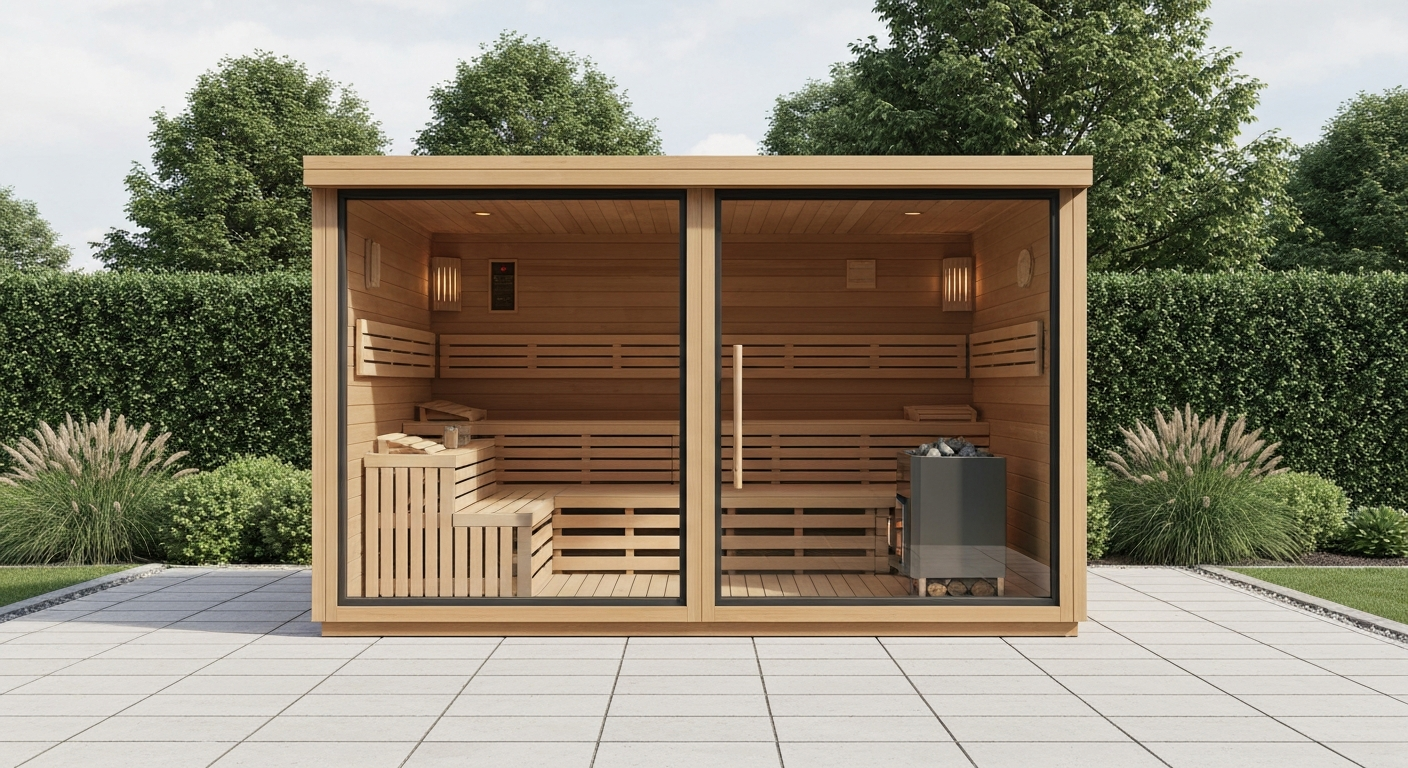 Outdoor wooden sauna on patio