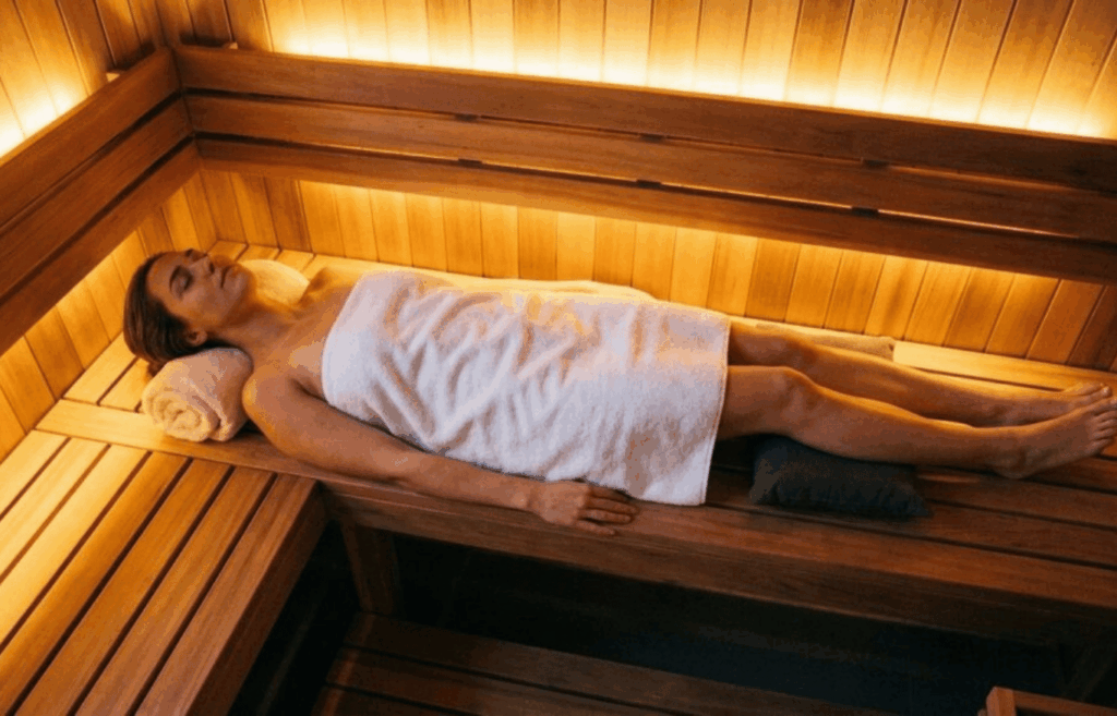 Woman relaxing on a wooden bench inside a warm sauna wrapped in a towel, wellness and spa experience